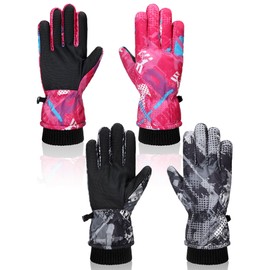 2 Pairs Kids Ski Gloves Waterproof Winter Mittens Warm Full Finger Gloves Snow Gloves for Children (Black and Rose Red,1-3 Years)