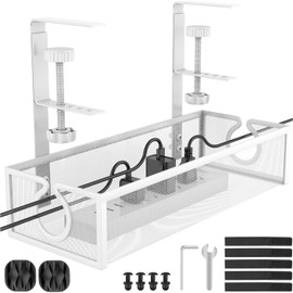 Under Desk Cable Management Tray, Metal Long Arms(3.9in), No Drill Mesh Desk Cable Tray, Wire Management Tray Cable Management Box for Office, Desk Cable Tray Wire Organizer, 1 Pack, White