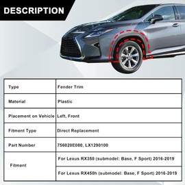 Sekeseauto Front Driver Side, Fender Trim Molding, Fit for Lexus RX350 RX450h 2016-2019 3.5L V6, Replace# 756020E080 LX1290100, Front Side Wheel Fender Arch Molding Trim