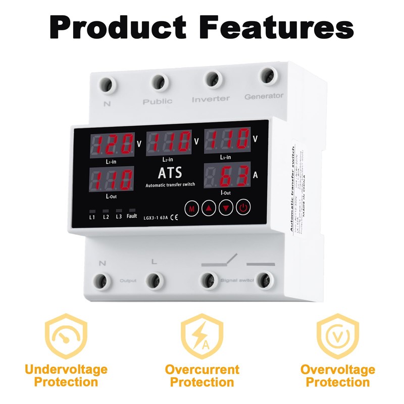 Automatic Transfer Switch,Automatic Switching Between Utility Power、Generator and Inverter,Overcurrent Protection,Overvoltage