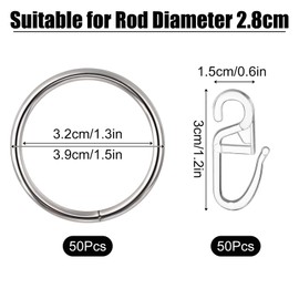 Pack of 50 Metal Curtain Rings, Silver Curtain Rings, Shower Curtain Rings with 50 Pieces Plastic Curtain Hooks for Window, Door, Shower Curtains, 32 mm Inner Diameter - Silver