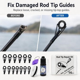 Fishing Rod Tip Repair Kit with UV Light & Glue | Complete Pole Tip Replacement Supplies for Broken Rods | 3 Sizes Top Eyelets, Wrapping Thread | Fishing Rod Repair Kit & Pole Repair Kit (6+8+10#)
