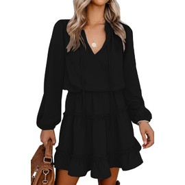 BTFBM Women Casual Summer Fall Dresses 2025 Tie Neck Long Sleeve High Waist Tiered Ruffle Aline Swing Tunic Mini Dress(Long Sleeve Black, Small)