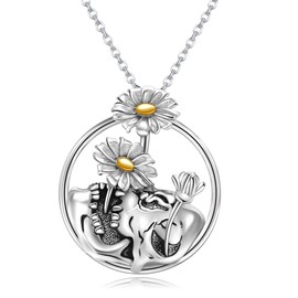 URONE Skull Necklace Sterling Silver Skull Daisy Pendant Necklace Gothic Skull Jewellery Gifts for Women