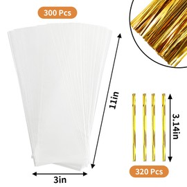 Pretzel Rod Bags, Augshy 300 Pcs 3 x 11 Inches Pretzel Bags Pretzels Individual Bags Clear Individual Bags with Ties for Lollipop Candy Chocolate Cookie Wrapping