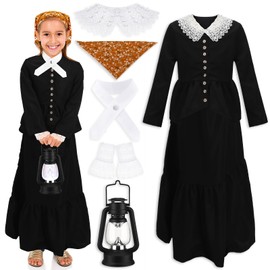 Panitay 6 Pc 1800s Colonial Costumes with Lace Cuffs Lace Collar LED Lantern for 100th Day of School Cosplay Party Girls Kids(Large)