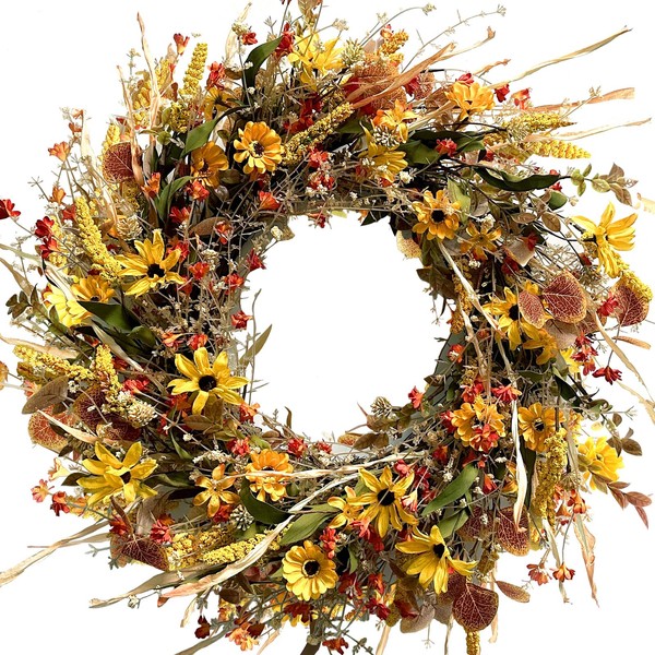 Egolot 24Inch Fall Yellow Daisy Flower Eucalyptus Leaves Wreath for