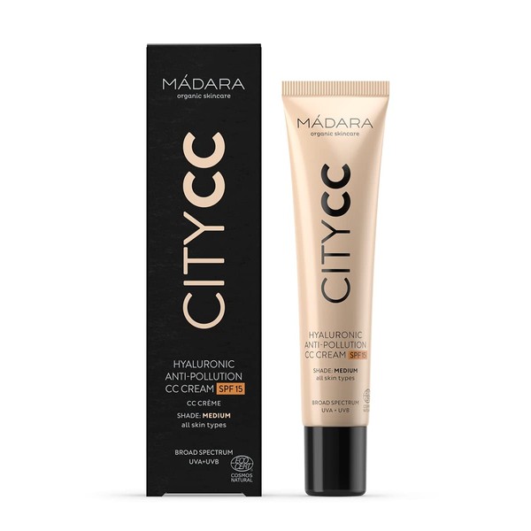 MÁDARA Organic Skincare | Anti-Pollution CC Cream SPF15 MEDIUM BEIGE - 40ml, With Hyaluronic Acid and broad spectrum UVA/UVB sunscreen, Lightweight, Silky texture, Ecocert certified
