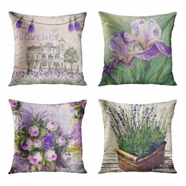 ArtSocket Set of 4 Throw Pillow Covers Watercolor Blossom Provence France Lavender Flower Summer Love Beautiful Green Iris Decorative Pillow Cases Home Decor Square 18x18 Inches Pillowcases