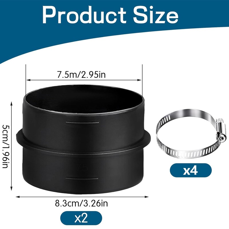 2PCS 75mm Heater Ducting Connector, Plastic Ducting Joiner Connector with