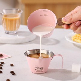 Espresso Shot Cup with Wood Handle - 2 Pack Stainless Steel Espresso Measuring Cup Set, 120ML Espresoo Coffee Pouring Cup Set (Pink)