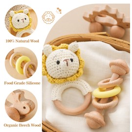 Baby Rattle Set 0 3 6 9 Months - 3 Pieces Baby Rattle Teether Set with Crochet Baby Rattle and Wooden Toy, Montessori Toy from 0-12 Months Newborn Gifts (Yellow Lion)
