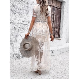 2025 Spring Summer Maxi Dresses for Women V Neck Short Sleeve Lace Floral Flowy Beach Vacation Boho Wedding Sundress (White,Small)