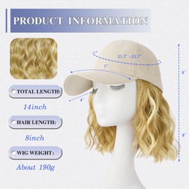 FORCUTEU Hat Wigs for Women Baseball Cap with Hair Extensions Short Wave Synthetic baseball Cap Wig for Women Adjustable Hat with Hair Attached for Daily Use(14inch)