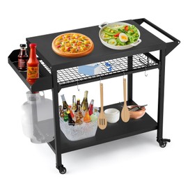 Hipicute Outdoor Grill Cart, Pizza Oven Table, Utility Cart with Wheels Dining Cart Table for Outside Patio, Movable Kitchen Cooking Prep Table BBQ Cart with Mesh Racks for Home Party, Bar, Camping