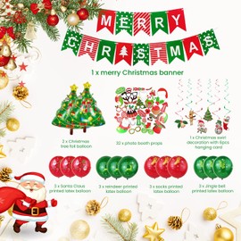 WedDecor Merry Christmas Banner, Santa Claus Snowman Jingle Bell Red Green Latex Balloons, Xmas Tree Foil Balloons, Xmas Swirl, Photobooth Props, New Year Outdoor Indoor Party Decoration Set