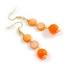 Orange Shell Coin and Bead Dangle Earrings with Gold Tone