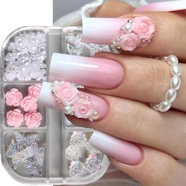 Flower Shape 3D Nail Charms Resin Nail Rhinestones Small Round Pearl Nails Art Charms Bow Nail Gems Charms for Nails Various Style Flower Design Manicure Decor for Women Daily Wear 6 Grids