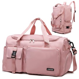 Eslcorri Gym Duffle Bag for Women, Travel Duffel Backpack with Shoe & Wet Compartment Carry on Overnight Luggage Bag (A, Pink)