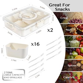 Dunruz Snackle Box Container,Portable Snack Box 8 Compartment Divided Serving Tray with Lid and Handle,Clear Storage Organizer for Fruit Candy Nuts Veggie-Perfect for Road Travel Party（2 Pack）