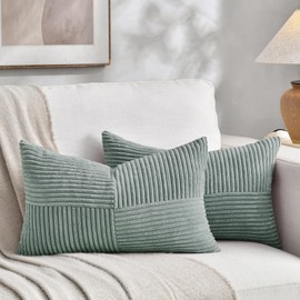 Fancy Homi Grey Blue Lumbar Decorative Throw Pillow Covers 14x24 Inch for Couch Bed Sofa, Rustic Farmhouse Boho Home Decor, Soft Striped Corduroy Rectangle Accent Cushion Case 35x60 cm