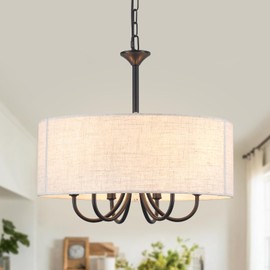 HLJYNJM 6-Lights Drum Chandelier for Dining Room, 18" Modern Farmhouse Chandelier with Linen Shade, Black Hanging Light Fixture for Kitchen Island Bedroom Living Room Entryway