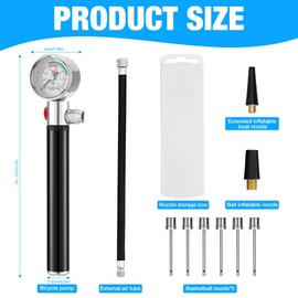 Mineup Ball Pump with Pressure Gauge, Mini Air Pump with 10 Ball Needles, 2 Nozzles and 1 Hose, Portable Ball Pump Made of Aluminium Alloy, Portable Sports Ball Air Pump for Football, Basketball