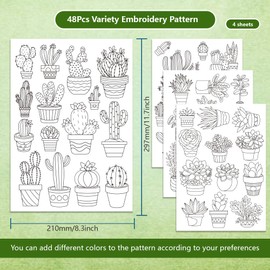 BENECREAT 4Sheets 48Pcs Potted Plants Water Soluble Embroidery, 11.7x8.3inch Cactus Succulents Stick and Stitch Embroidery Paper Stabilizer Water Soluble Hand Sewing for Shirts, Coats, Bags