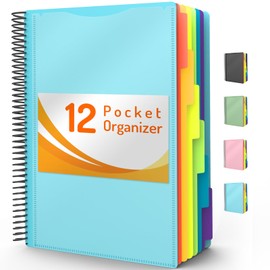 12 Pocket Project Organizer, Forvencer 1/6-cut Tab Binder Organizer with Sticky Labels, Multi Pocket Folder with Zipper Pouch, Folder Binder Spiral Pocket Notebook, Office Supplies, Letter Size, Blue