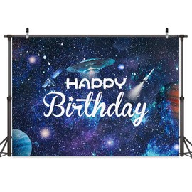 Outerspace Happy Birthday Backdrop, 7 x 5 ft Space Galaxy Spaceship Kids Astronaut Photography Background, Glitter Universe Backdrop Banner for Baby Shower Birthday Party Photo Shoot Decoration