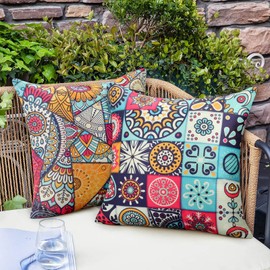 Velvhom Outdoor Waterproof Throw Pillow Covers Mandala Boho Summer Decorative Pillowcases Linen Square 4 Pack Cushion Covers 50x50 cm for Home Patio Garden Sofa Chairs 20x20 inch