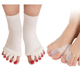 LuckyMoon Toe Separator Socks with Bunion Pads, Foot Alignment Socks Bunion Toe Socks Bunion Pads Corrector Yoga Socks Toeless Socks for Women, White