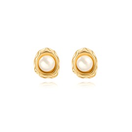 POTESSA Pearl Stud Earrings for Women Boho 18K Gold Plated Hammered Chassis White Button Pearl Earrings…