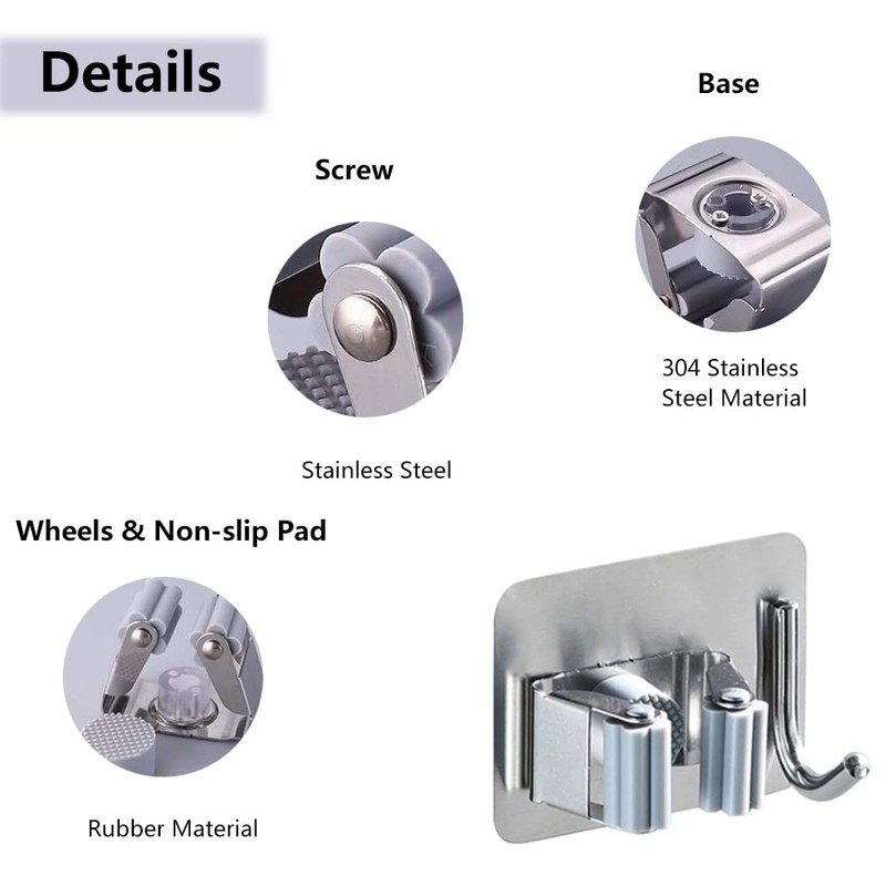4 Pack Mop Broom Holder Stainless Steel No Drilling Wall