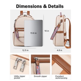 FADEON Leather Laptop Backpack for Women 15.6 inches PU Computer Backpacks, Designer Travel Backpack Laptop Pocket Beige Brown