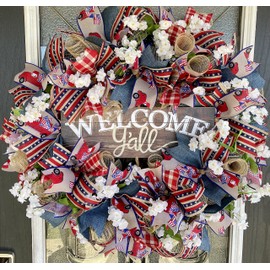XL Welcome Y'all, Floral Old Country Truck, Farmhouse Patriotic, 4th Fourth of July Deco Mesh Front Door Wreath, Birthday Baby Shower Wedding Decor, Porch Patio Party Decoration