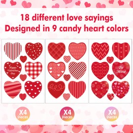 12 Sheets Valentine's Day Window Clings Conversation Heart Double-Sided Window Stickers Decals Candy Heart Window Decorations for Valentine's Day Home (Red Plaid Color)