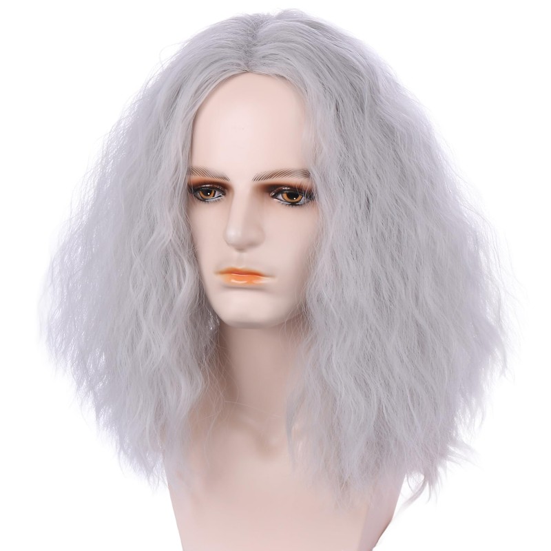 Boys Grey Fluffy Wigs Long Silver Gray Wavy Curly Wigs