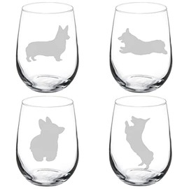 MIP Set of 4 Wine Glass Goblet Corgi Collection (17 oz Stemless)