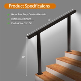 Aotree Outdoor Stair Railing Kit with LED Lighting - Aluminum Handrail for 3-4 Steps, Waterproof & Easy Install for Deck, Porch, Garden