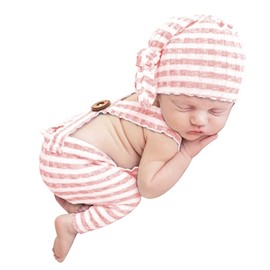 Winmany Newborn Baby Photography Prop Outfits Striped Overall Romper Knotted Hat Photo Shoot Costume for 0-2 Months (Pink)
