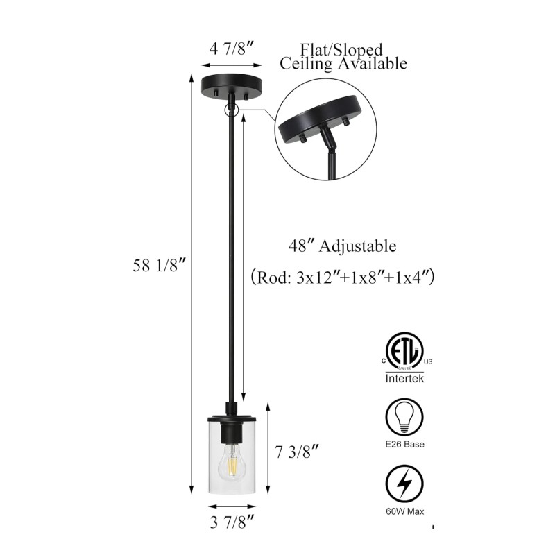US Instock Modern Single Pendant Light Clear Glass Iron Matte