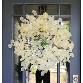 BINFEN 22" -24" Beige Silver Dollar Welcome Wreaths for Front Door – Cream Fake Lunaria Annua Fall Winter Wreath for Farmhouse Porch, Eucalyptus Leaves Door Reef Decor Off White & Light Yellow