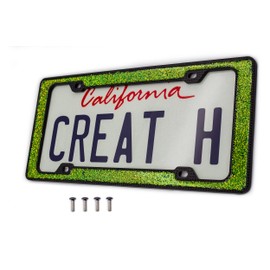 Creathome 3D Shining and Neon License Plate Frame from Pure Zinc Alloy Metal Perfect Plate Holder, Matt Black with Green Glitter