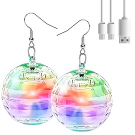 Disco Ball Earrings – USB Rechargeable LED Jewelry with 16 Light Modes for Rave Outfits or 70s Disco Costumes for Women