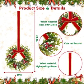 6 Pieces 10" Mini Christmas Wreath with Red Berry, Cabinet Wreaths for Kitchen, Small Christmas Wreath with Red and Black Plaid Bow, Farmhouse Wreath for Holiday Xmas Party Decorations