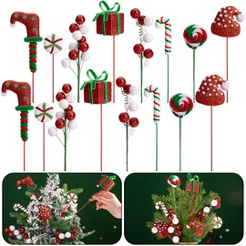 RunNico 16 Pcs Christmas Candy Tree Sticks - Red White Green Christmas Tree Sticks Ornaments - Santa Hat Candy Cane Berry Gift Tree Picks for Xmas Wreath Crafts Vase Party Supplies