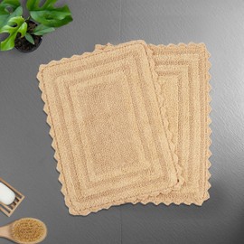 TreeWool 2-Pack Cotton Bath Mat with Crochet Border, Soft Reversible Bathroom Rug - Rectangle (19" x 26"; Beige)