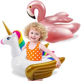 iGeeKid 2 Pack Kids Pool Float Unicorn Flamingo Swim Floats for Toddlers Age 3-8 Years Pool Toys for Kids Inflatable Floaties Tubes Unicorn Swimming Split Ring Ride On for Girl Summer Beach Supplies