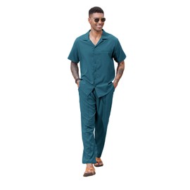 Lexiart 2 Piece Set for Men Beach Outfits Cuban Collar Button Down Shirt Darwstring Pants, Dark Blue, XX-Large